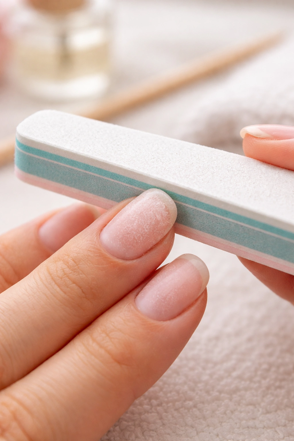 Close-up of nails being buffed with a three-sided buffer to smooth the surface