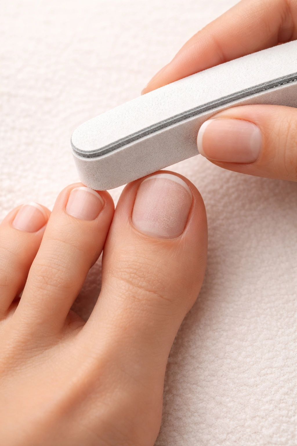 Buffed toenails showing textured, prepared surface