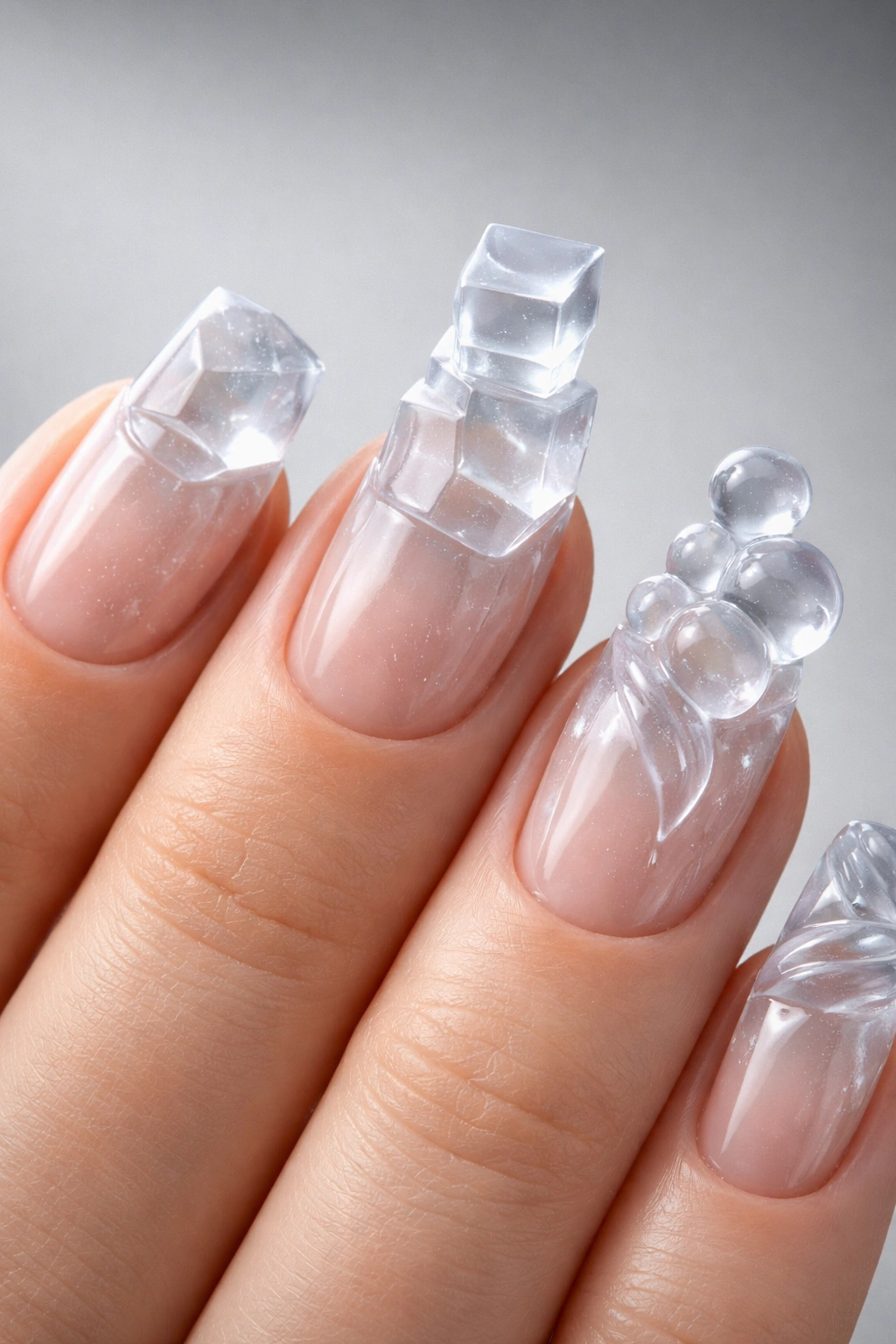 Close-up of fingertips with 3D builder gel sculptures showing geometric shapes