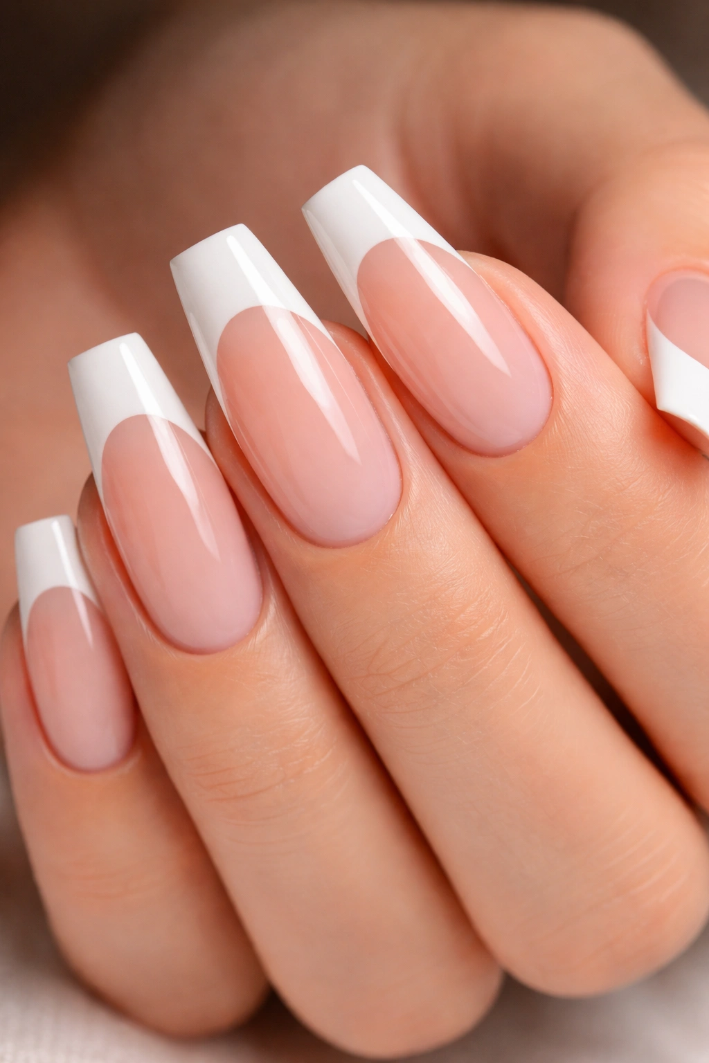 Builder gel French tip ballerina nails with pink nude overlay and white tips