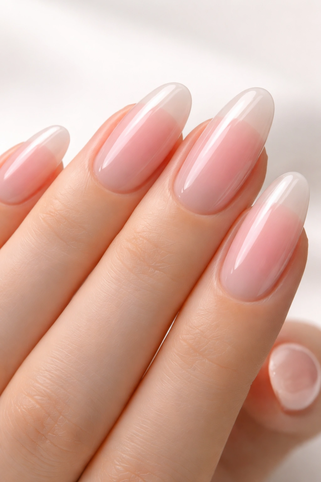 Oval builder gel nails with clear base and subtle pink ombre tips