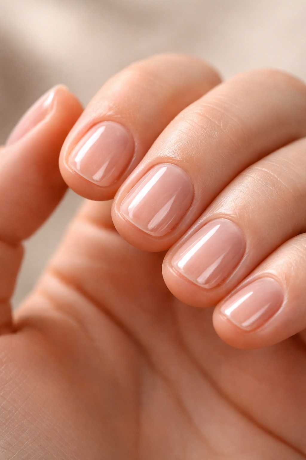 Close up of short bitten nails with clear builder gel overlay healing underneath