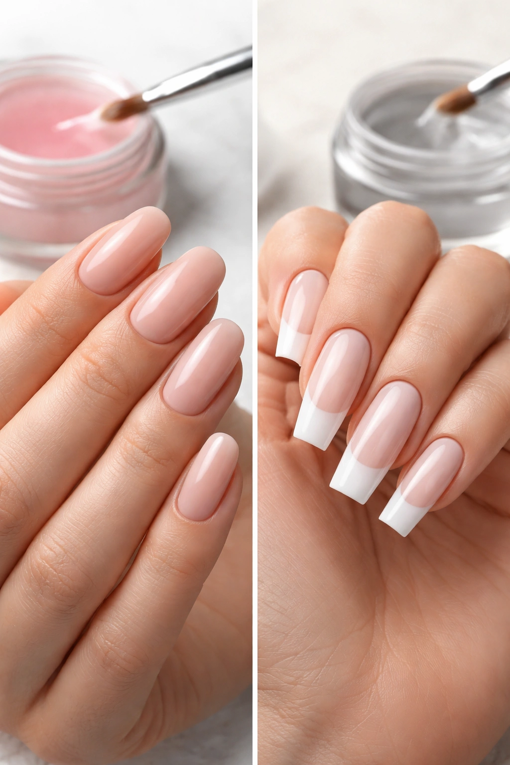 Split-frame showing builder gel nails for flexibility and hard gel nails for length
