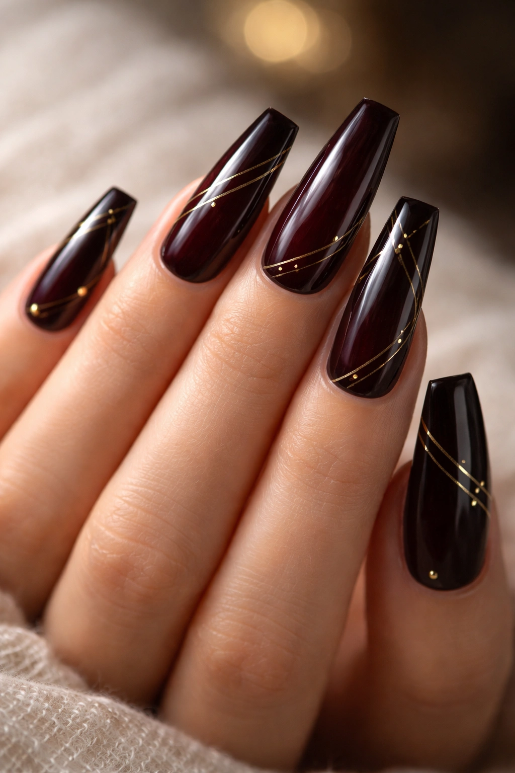 Nails painted burgundy-black with small gold accents on a neutral background
