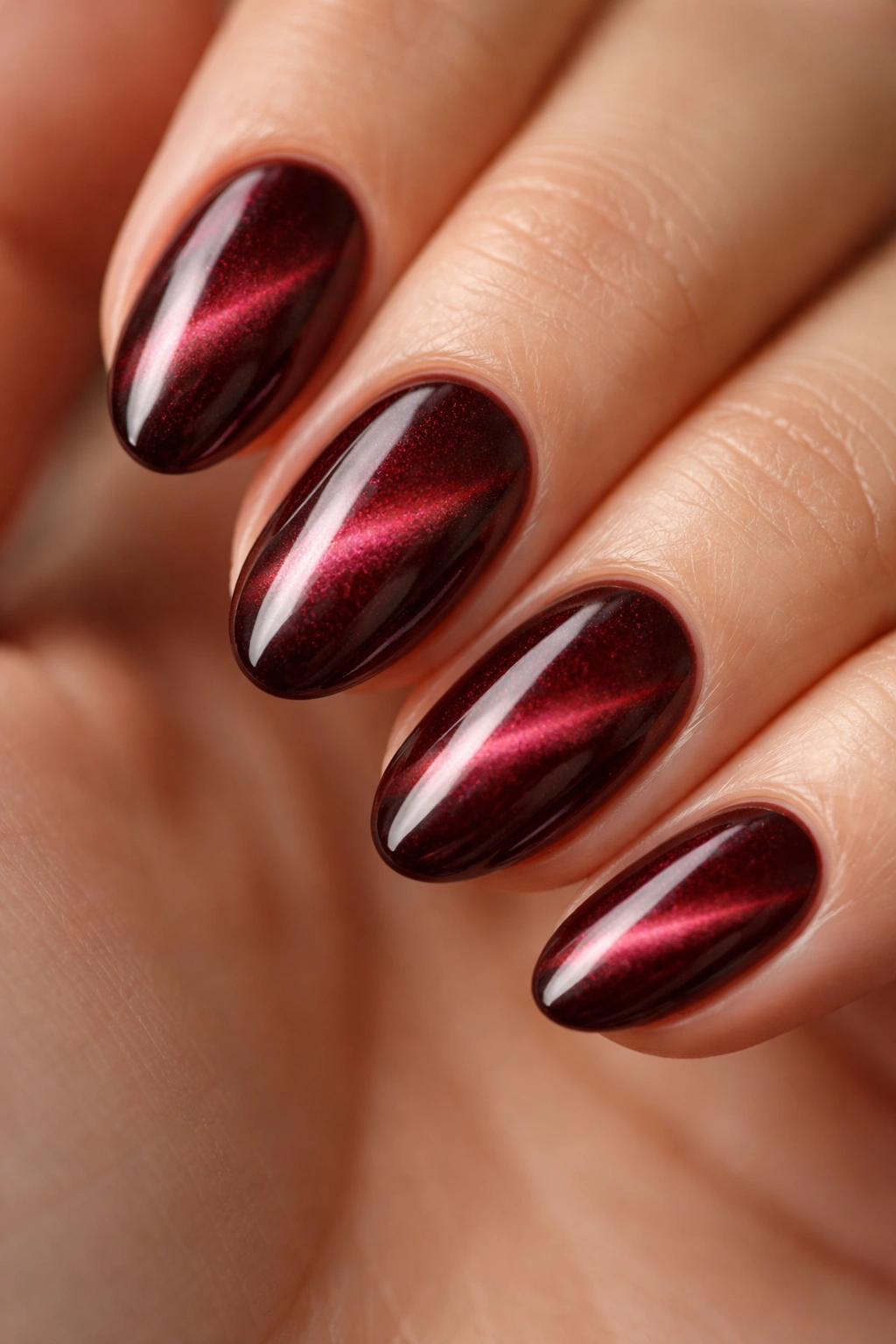 Close-up of a short burgundy cat-eye almond nail with a subtle light stripe