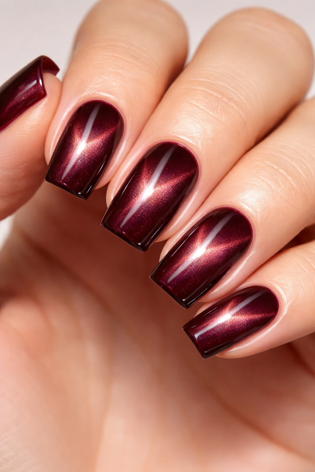 Close-up of burgundy cat eye nails with glossy top coat on soft square nails