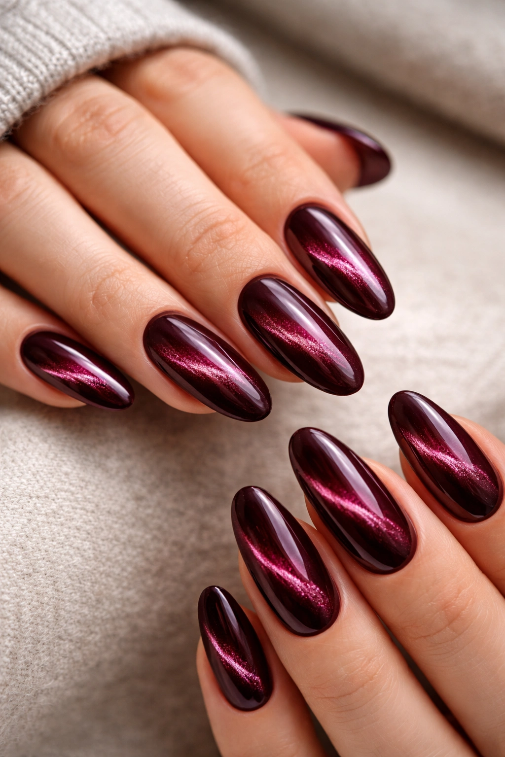 Close-up of burgundy cat-eye long oval nails with shifting center shimmer