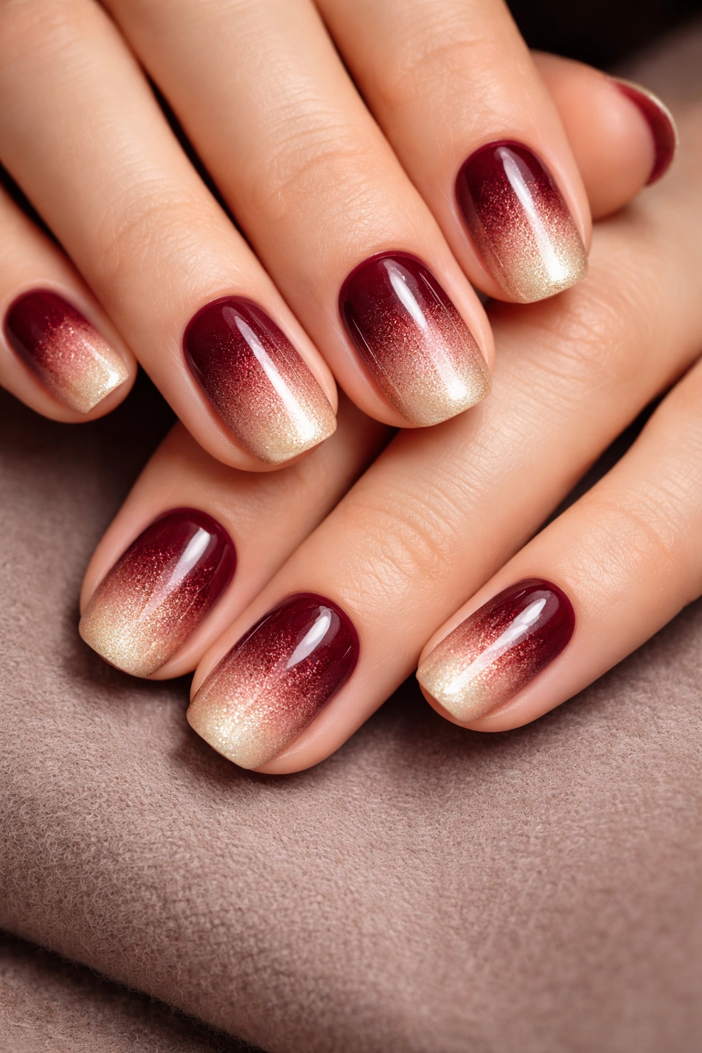 Close-up of burgundy to champagne gradient on short squoval nails