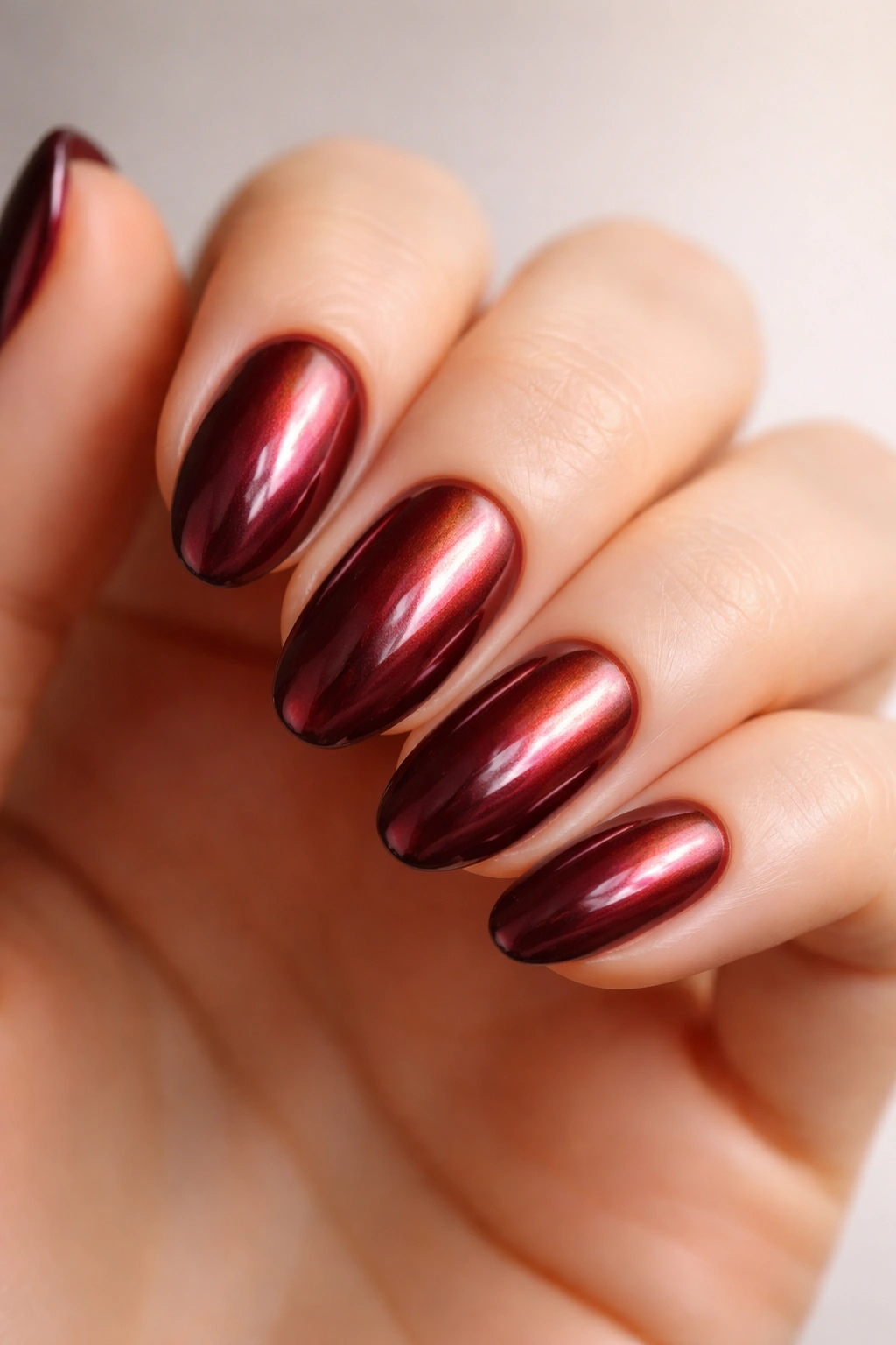 Short burgundy nails with red-gold chrome glaze