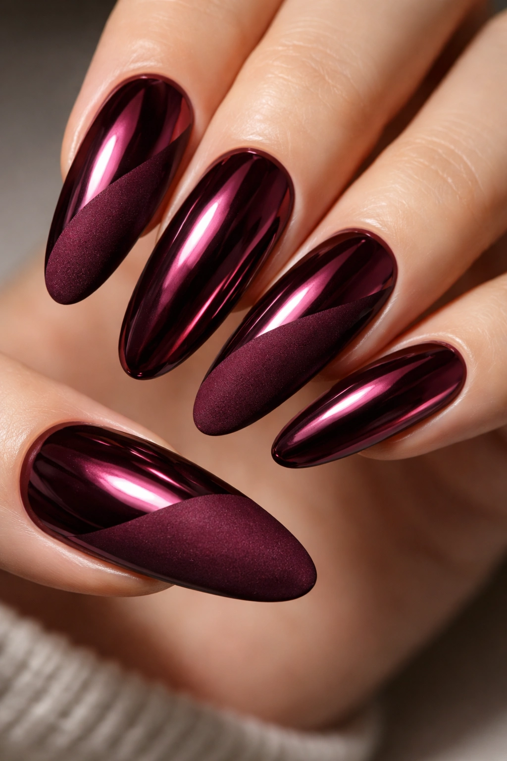 Close-up of deep burgundy chrome nails with matte velvet contrast on long oval nails