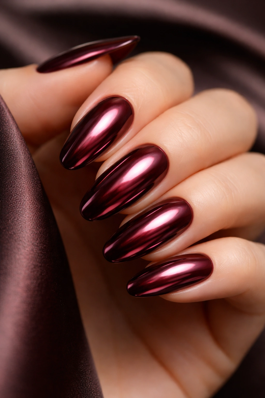 Close-up burgundy chrome nails with metallic sheen