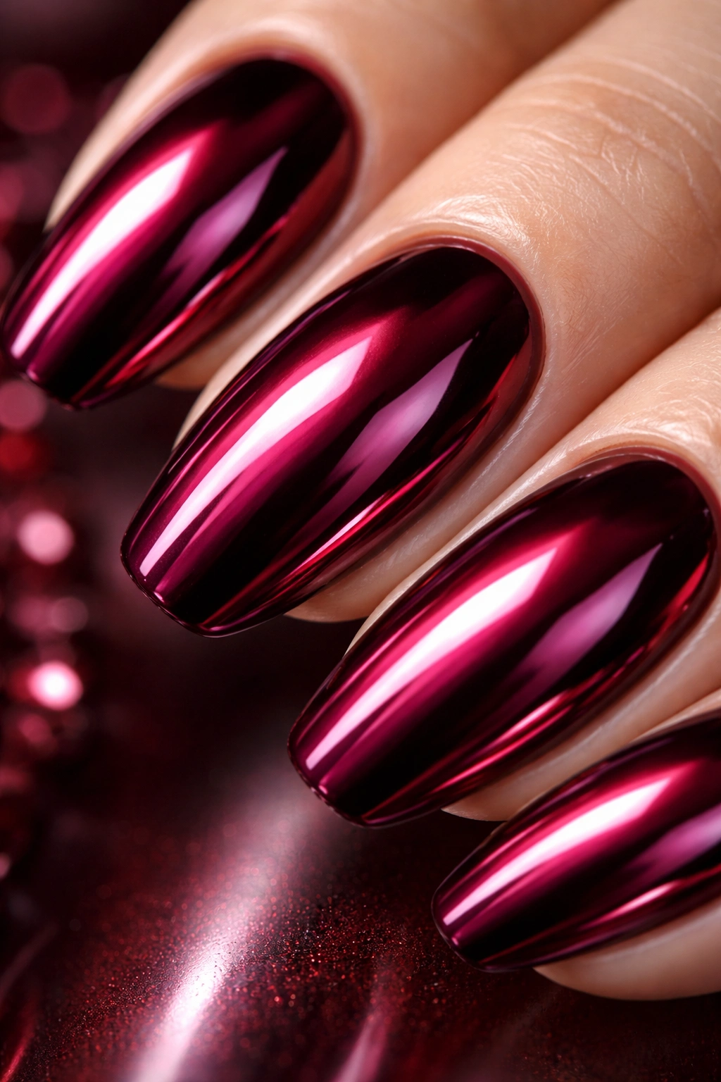 Burgundy nail with chrome mirror-like finish