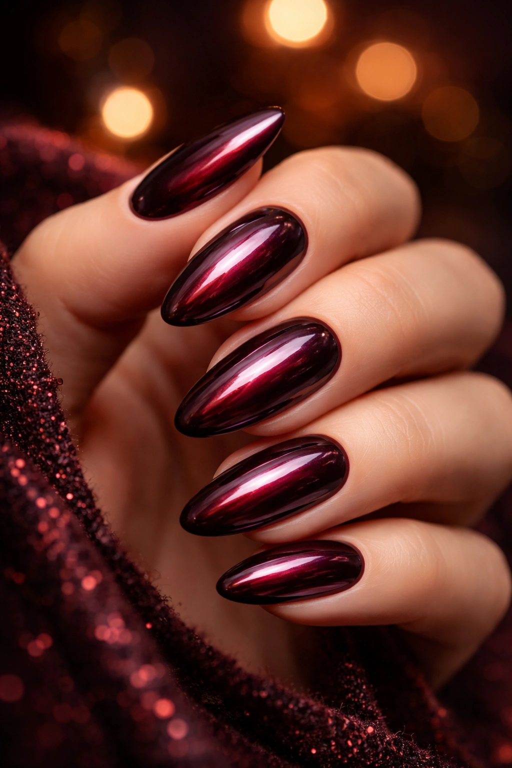 Burgundy chrome nails with reflective finish
