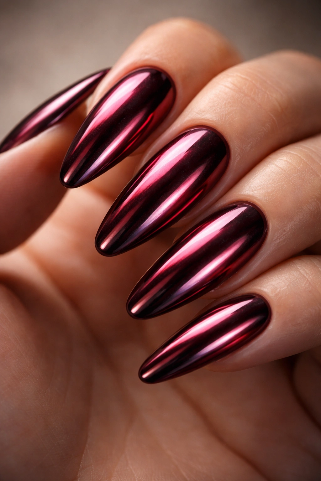 Close-up of burgundy nails with chrome mirror finish