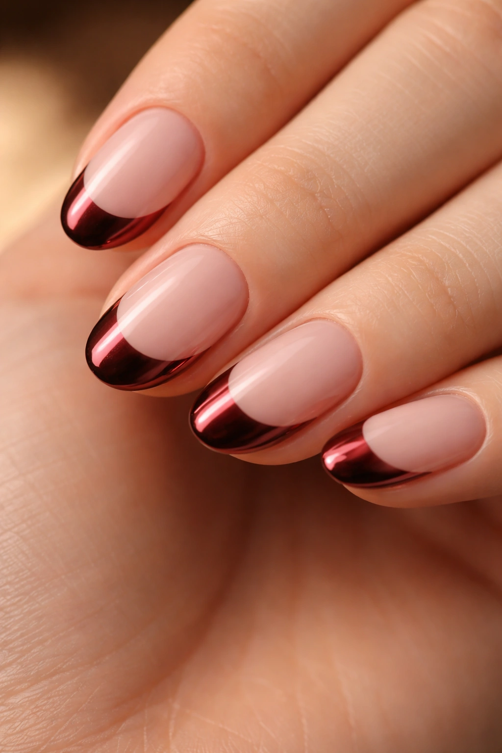 Close-up of short oval nails with burgundy chrome tips on a neutral base.
