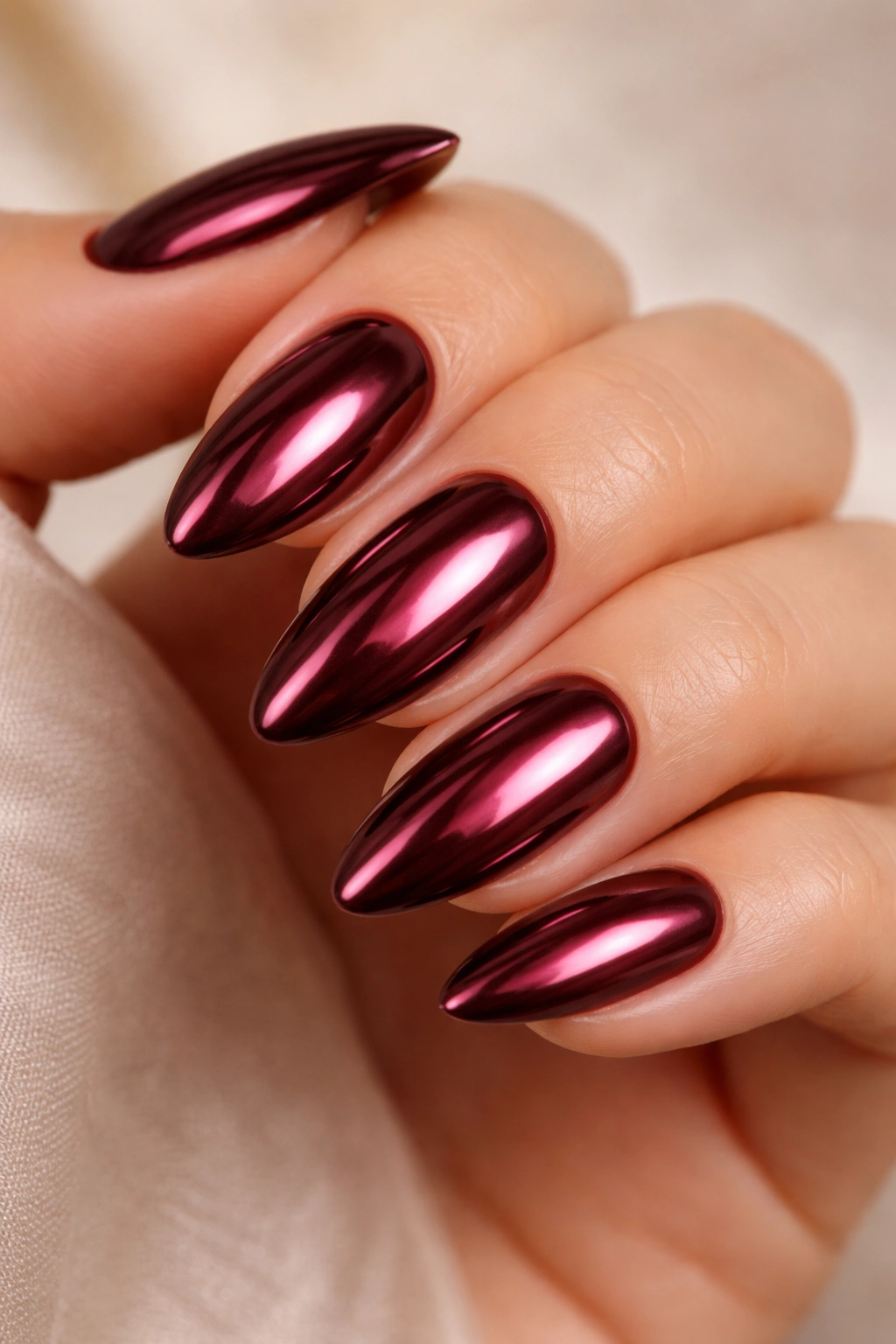 Close-up of burgundy chrome almond nails showing wine-plum sheen