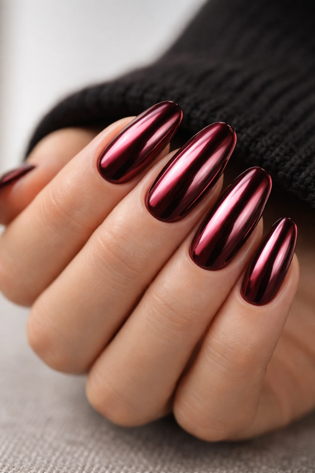 Close-up of burgundy chrome nails with mirror-like sheen on long ovals.