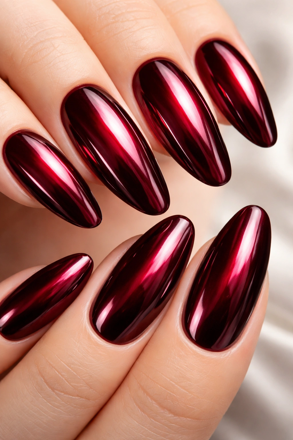 Close-up of burgundy chrome nails with metallic sheen