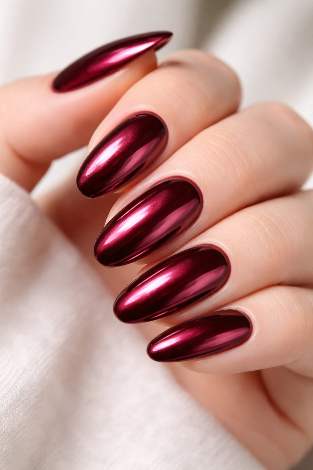 Close-up of burgundy chrome nails with mirror-like metallic finish reflecting light
