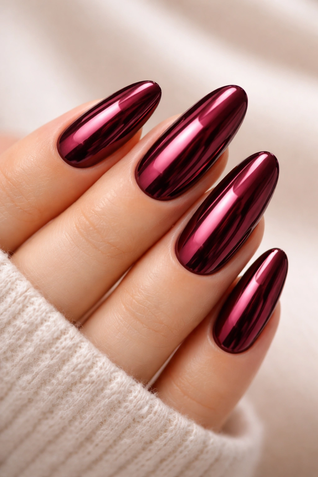 Long oval nails with burgundy base and chrome finish.
