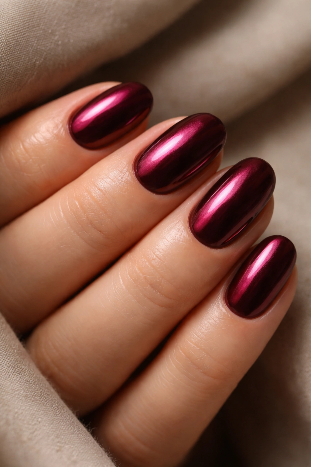 Close-up of burgundy chrome short oval nails with mirror-like shine.