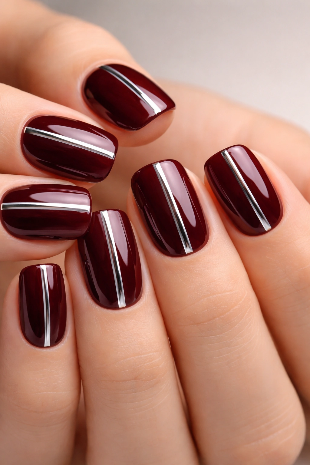 Close-up of deep burgundy builder gel nails with silver chrome accents on short squoval nails