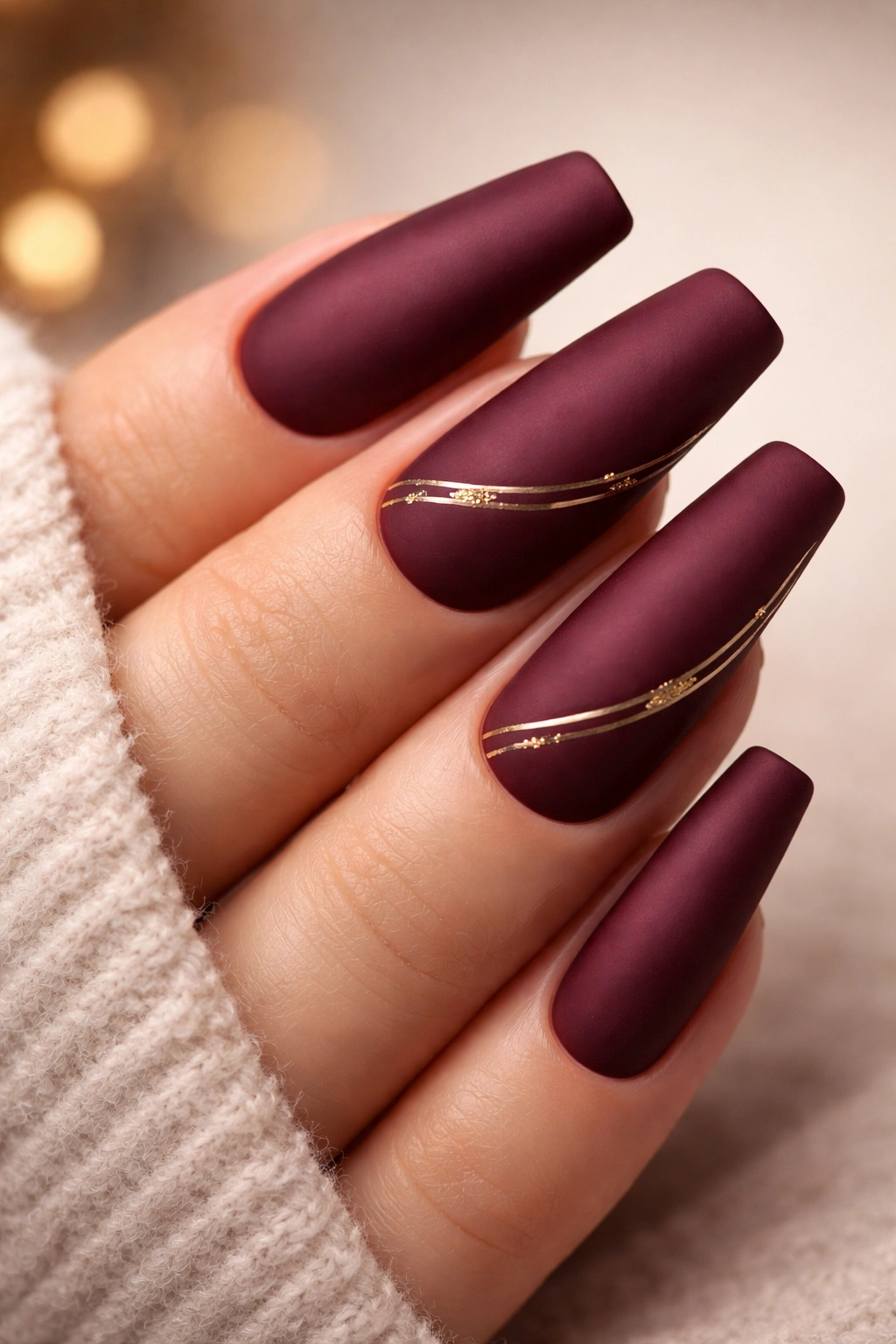 Close-up of burgundy coffin nails with matte finish and subtle gold accents