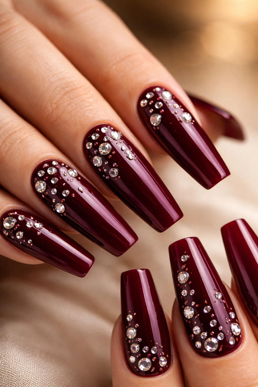 Close-up of burgundy coffin nails with scattered diamonds for a luxurious manicure