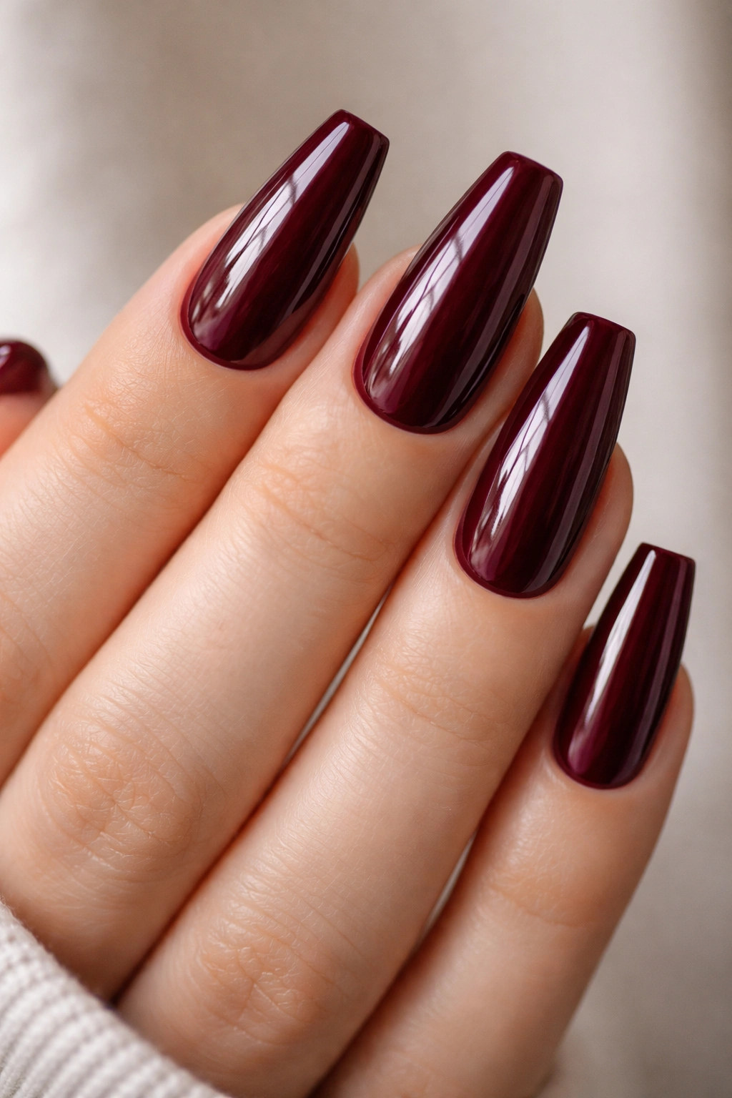 Coffin nails with deep burgundy glossy finish