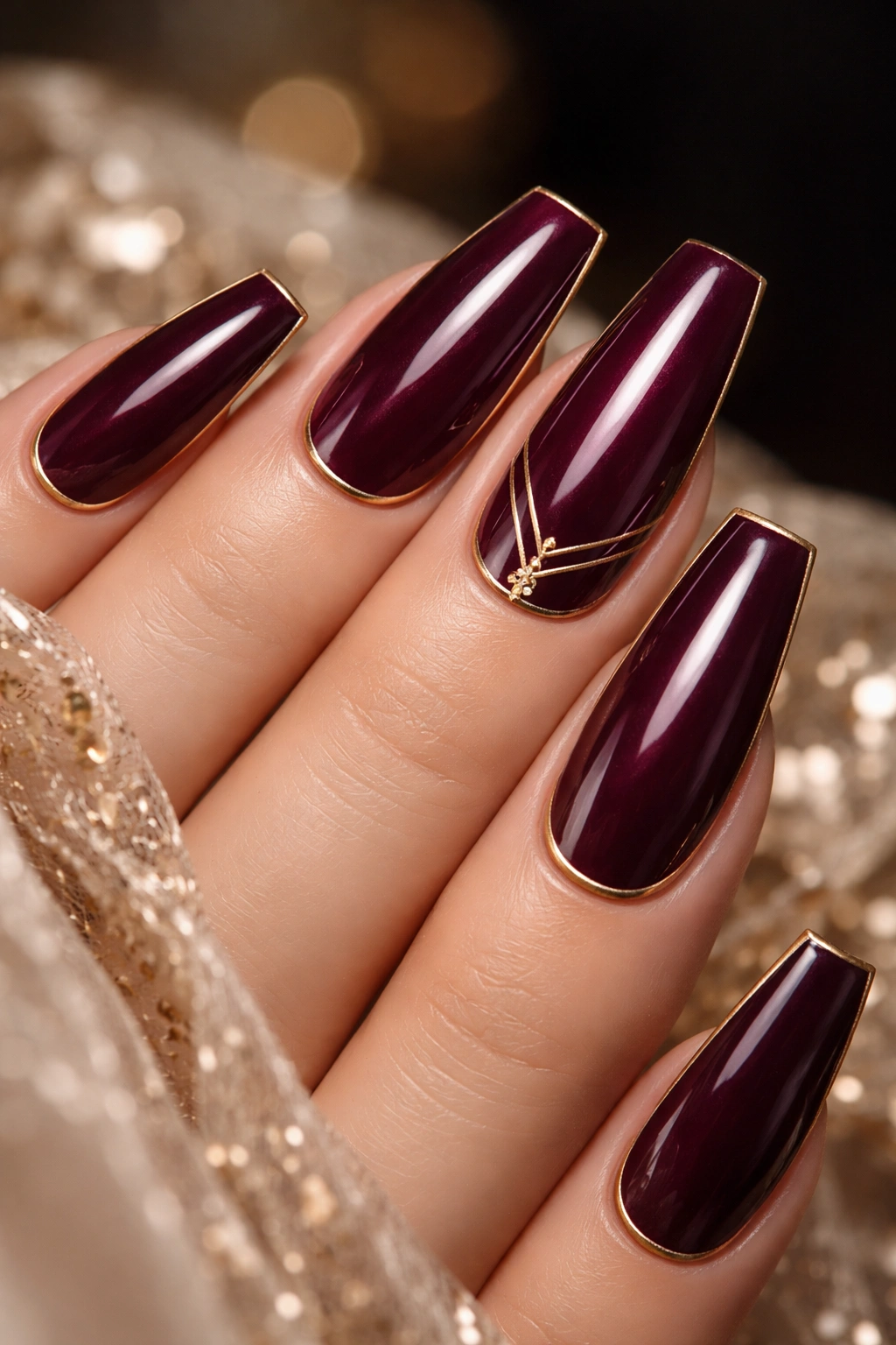 Close-up of burgundy coffin nails with gold edges and accents