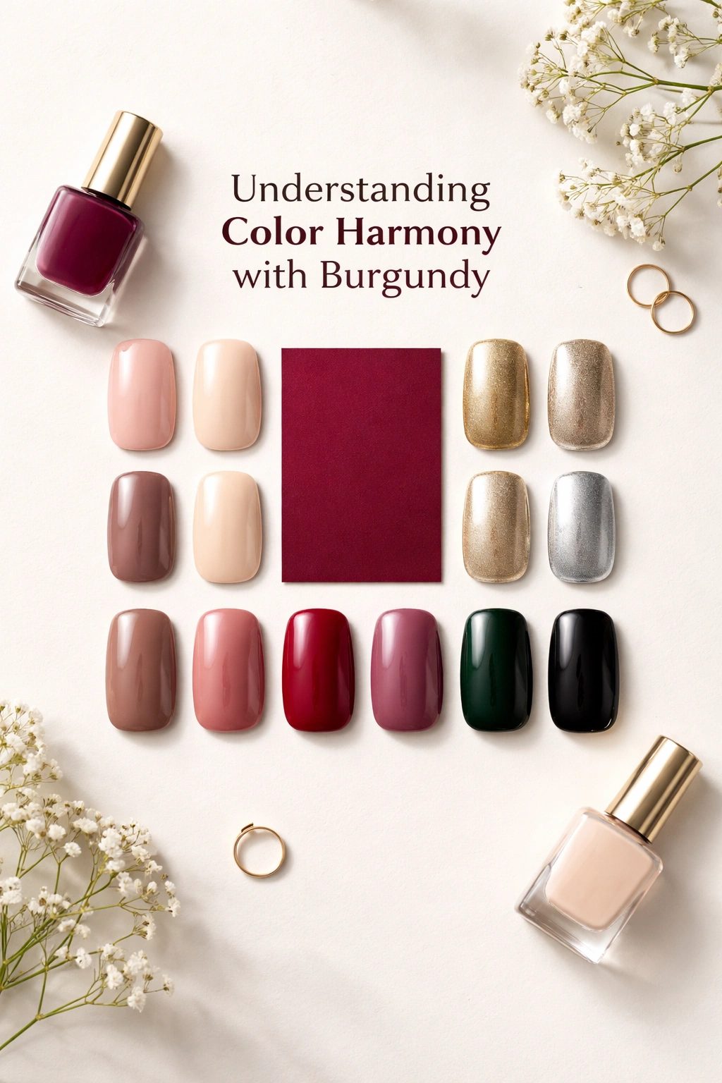 Color harmony palette featuring burgundy swatches with neutral and metallic tones on a clean backdrop
