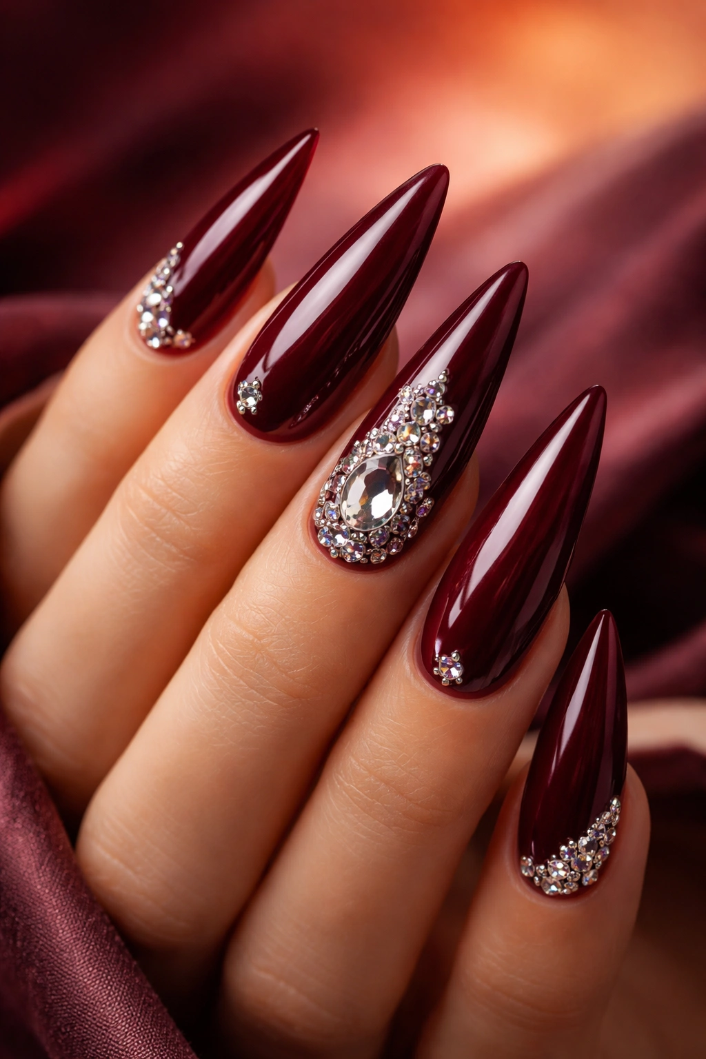 Burgundy nails with warm gradient background illustrating color theory concepts