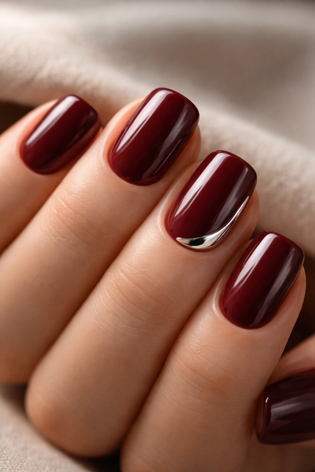 Short squoval burgundy nails with a single chrome accent.