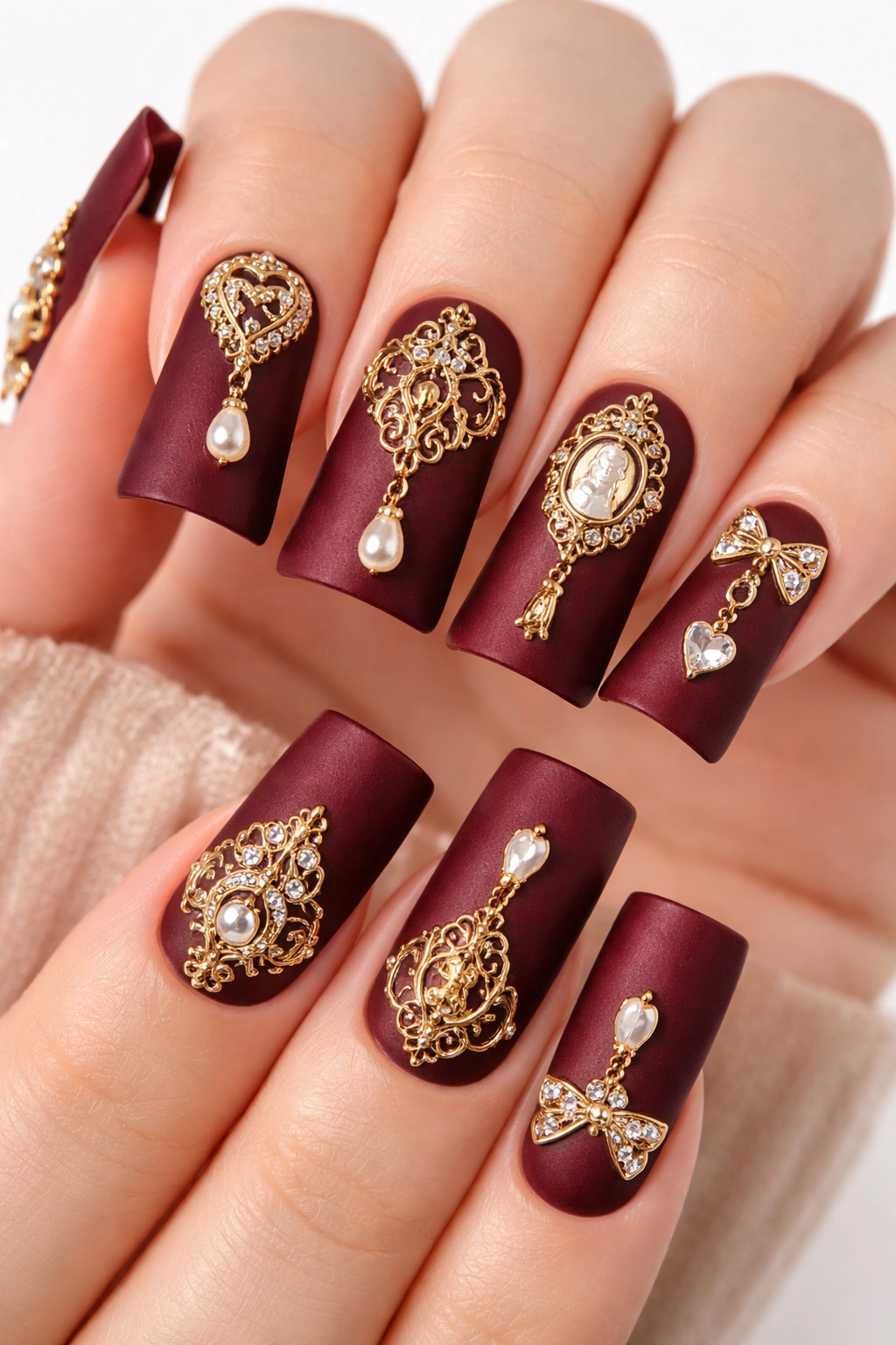 Close-up burgundy duck nails with ornate vintage gold charms