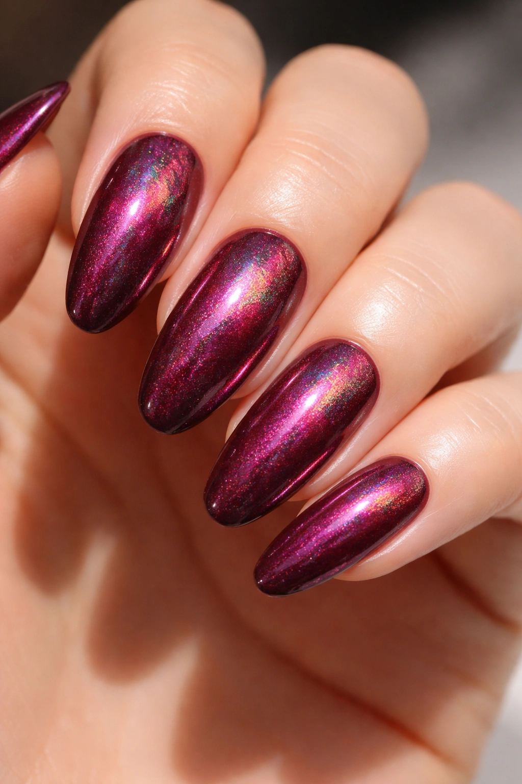 Burgundy nails with holographic duochrome shimmer