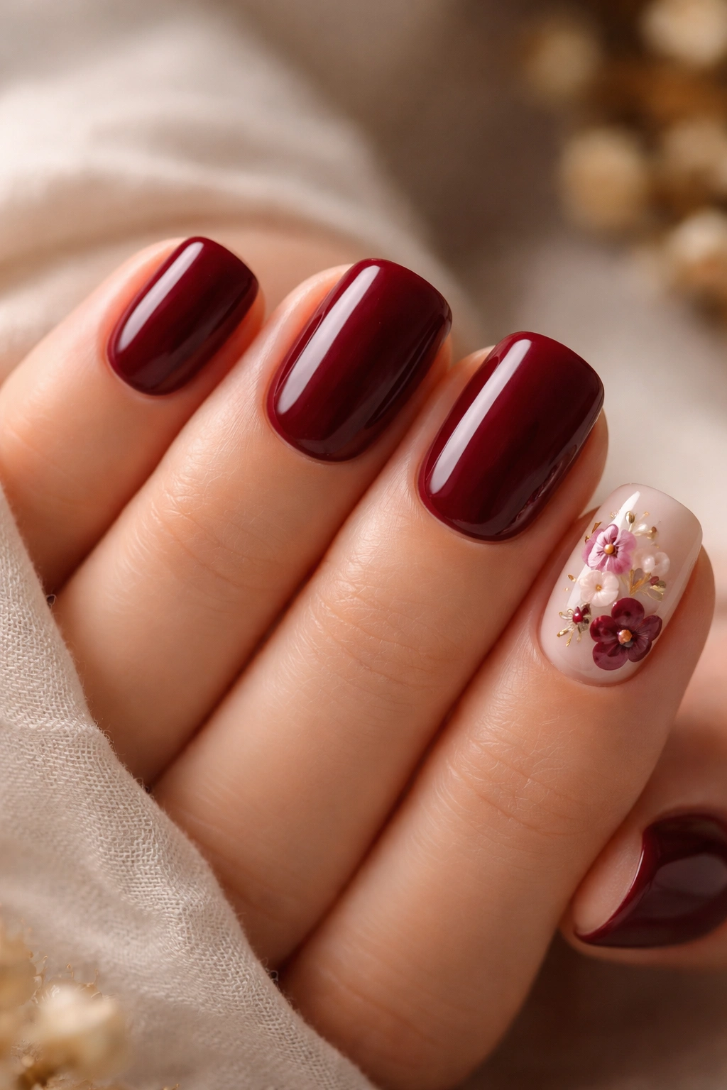 Close-up of burgundy nails with delicate floral accents on an accent nail