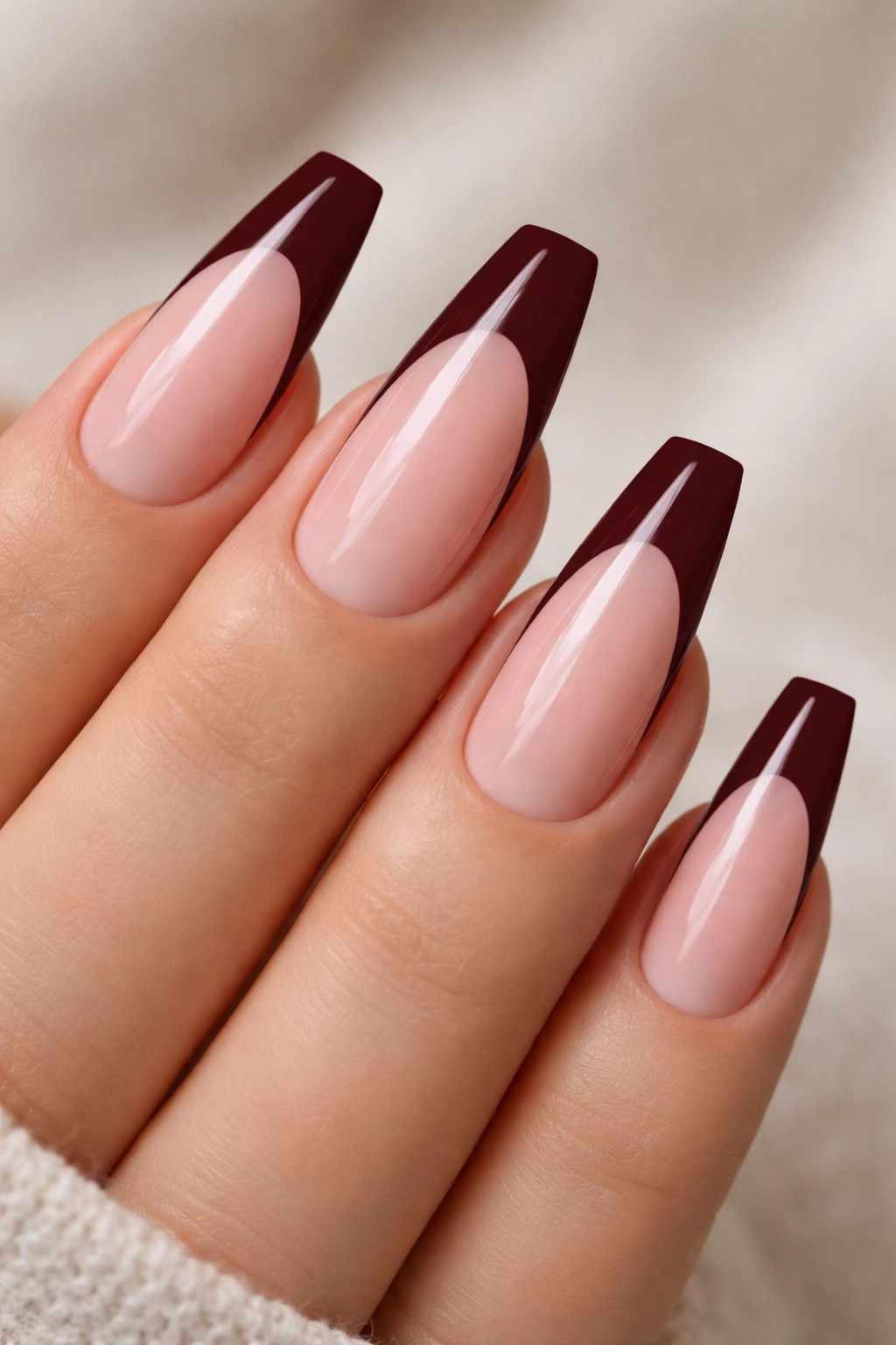 Burgundy French manicure on ballerina nails with pink base