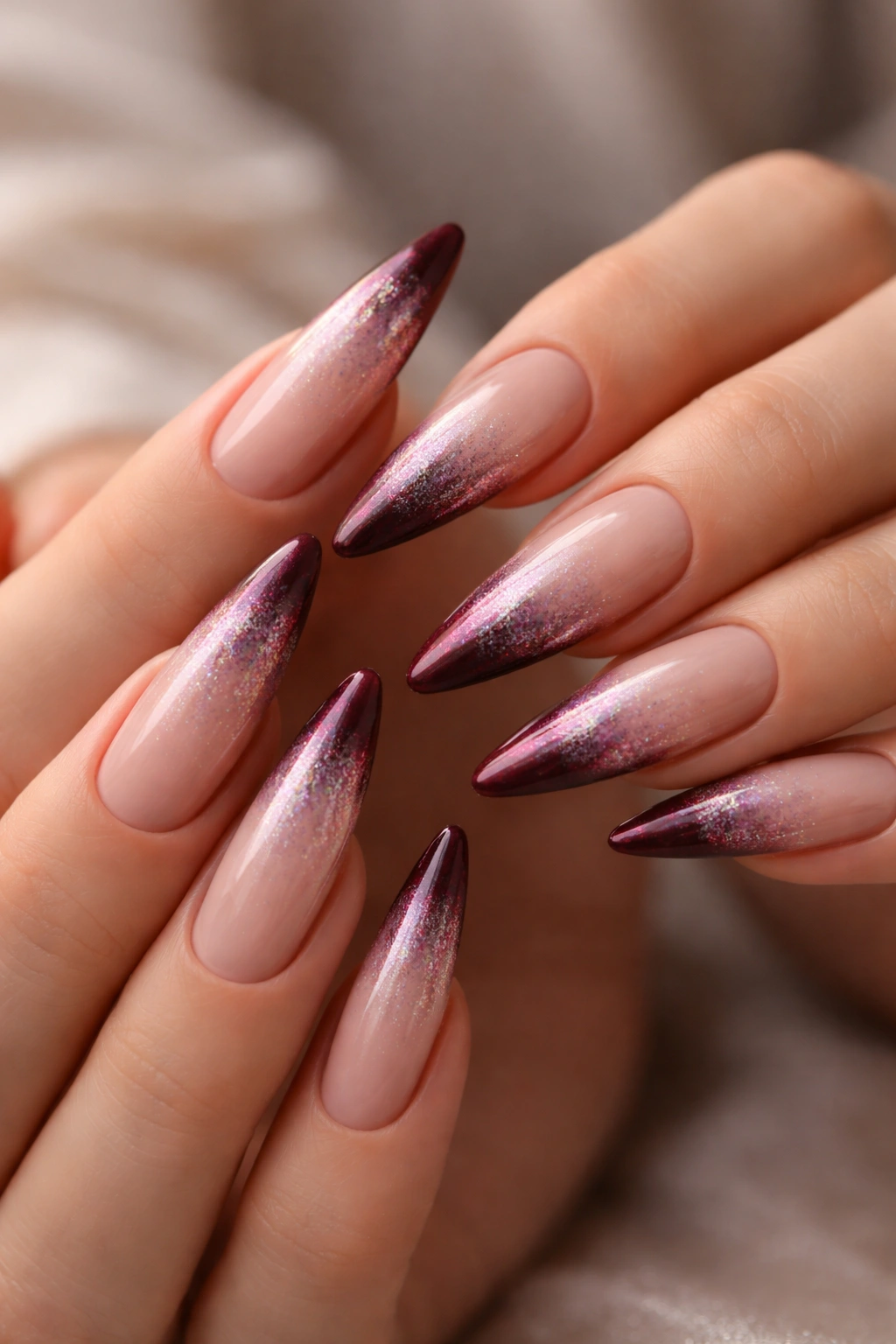 Close-up of burgundy nails with pearl dust on French tips