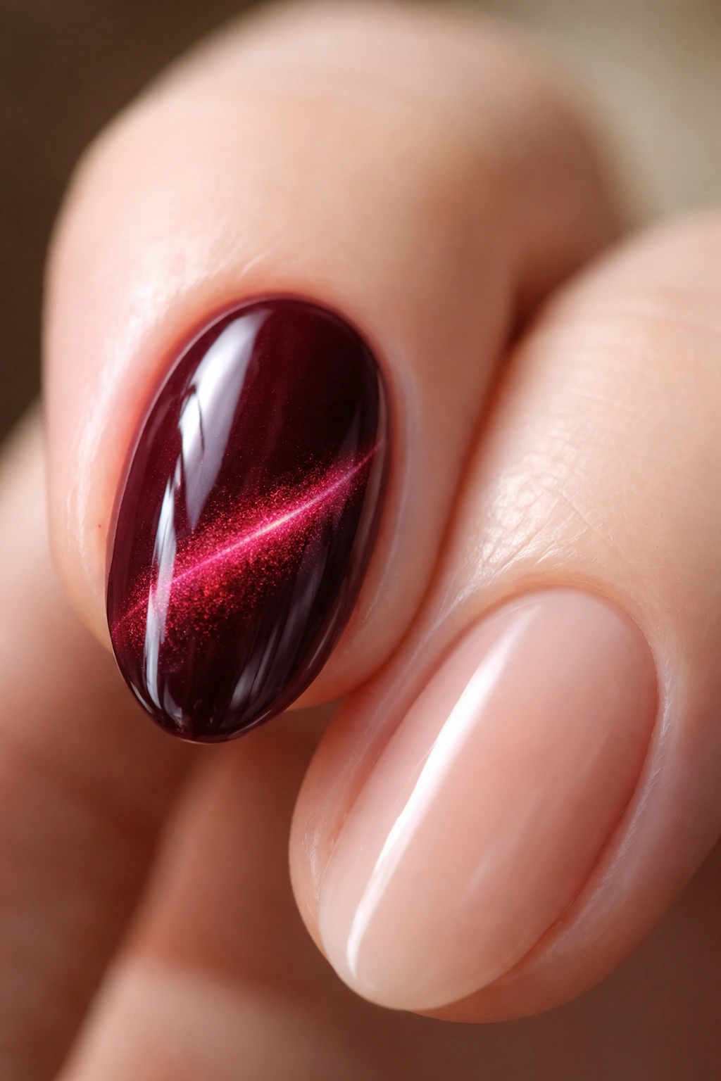 Close-up of a short almond nail with burgundy cat-eye line