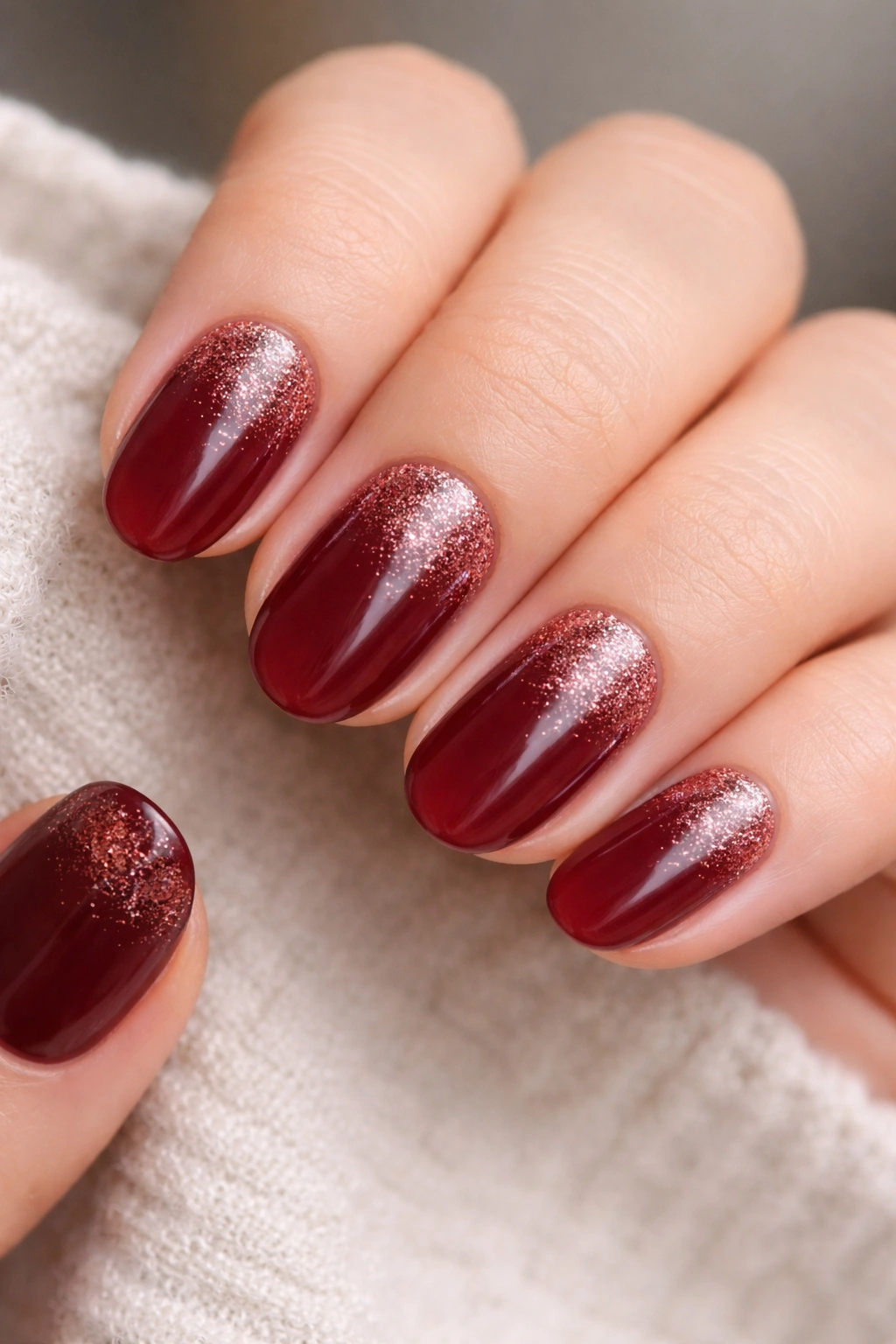 Short oval burgundy nails with subtle glitter fade.