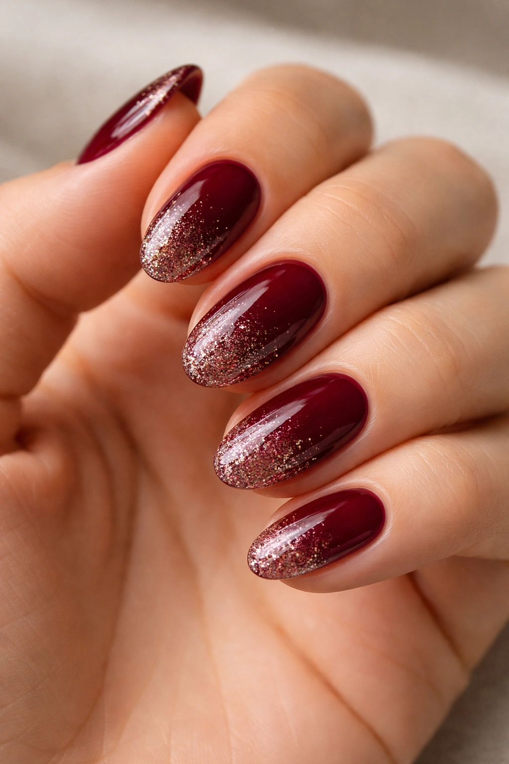 Close-up of burgundy nails showing a glitter fade from tip toward the center.