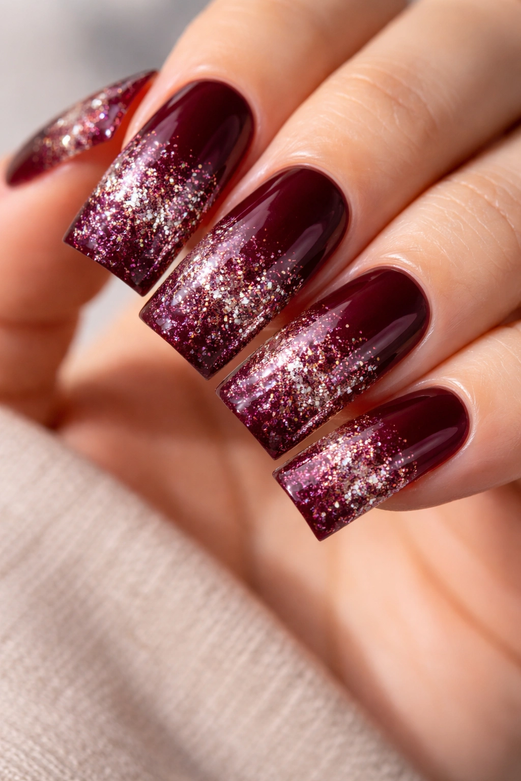 Burgundy duck nails with glitter gradient fade