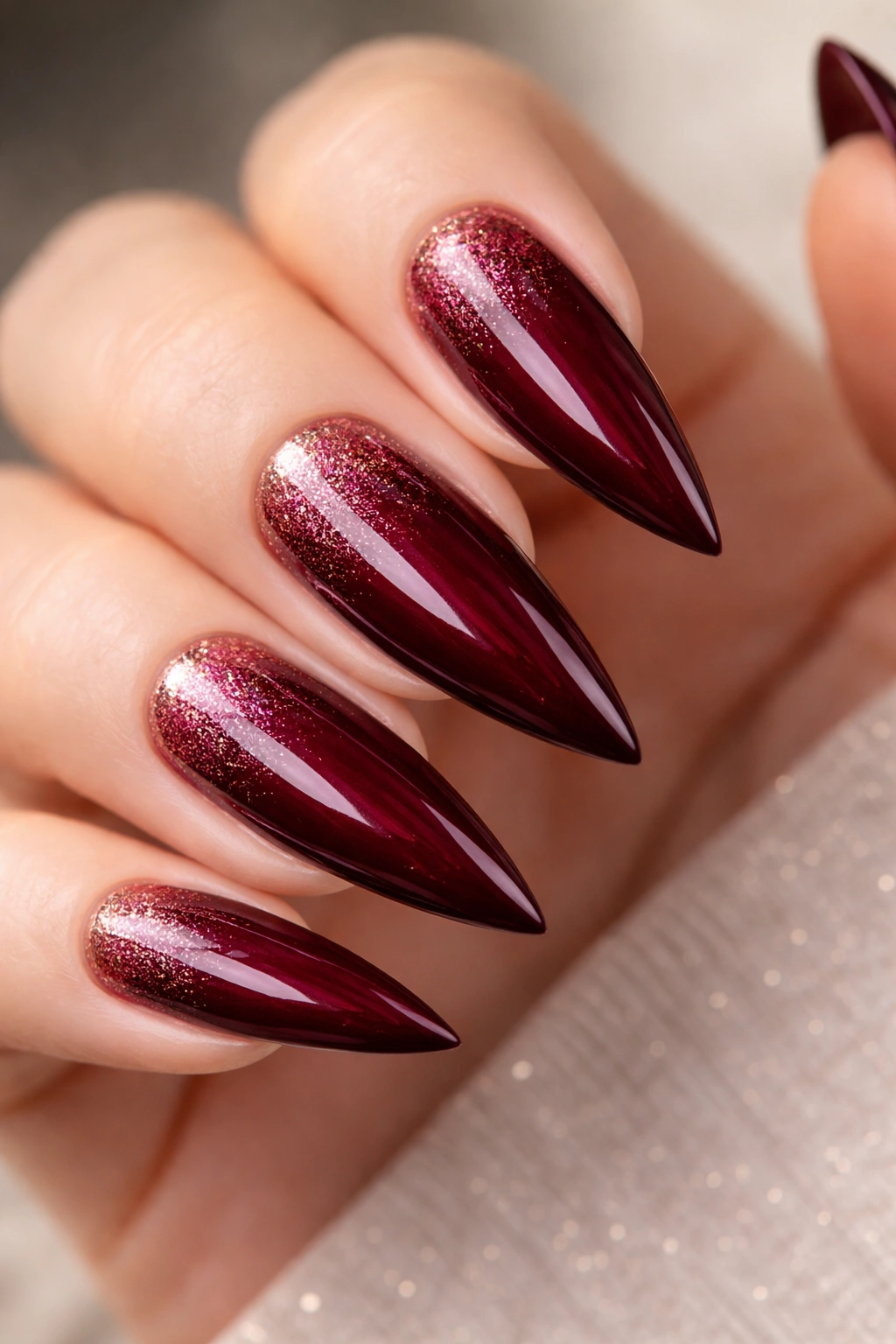 Deep burgundy stiletto nails with subtle glitter gradient.