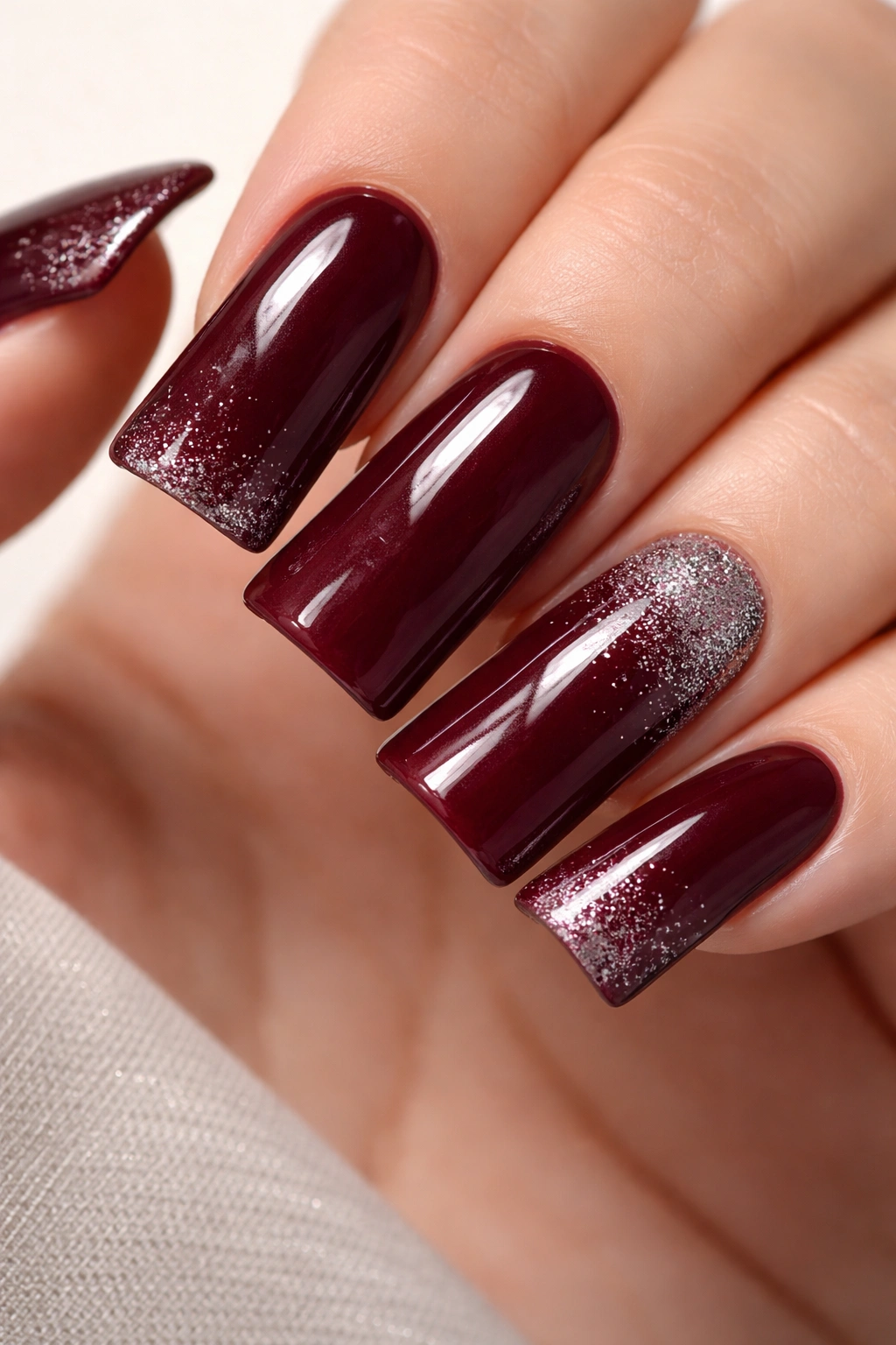 Duck nails in burgundy with subtle silver glitter