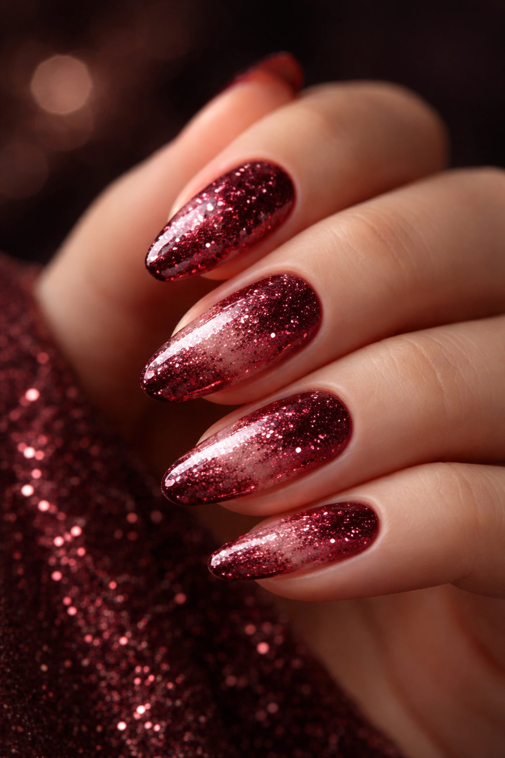 Close-up of nails with burgundy glitter fade on nude base
