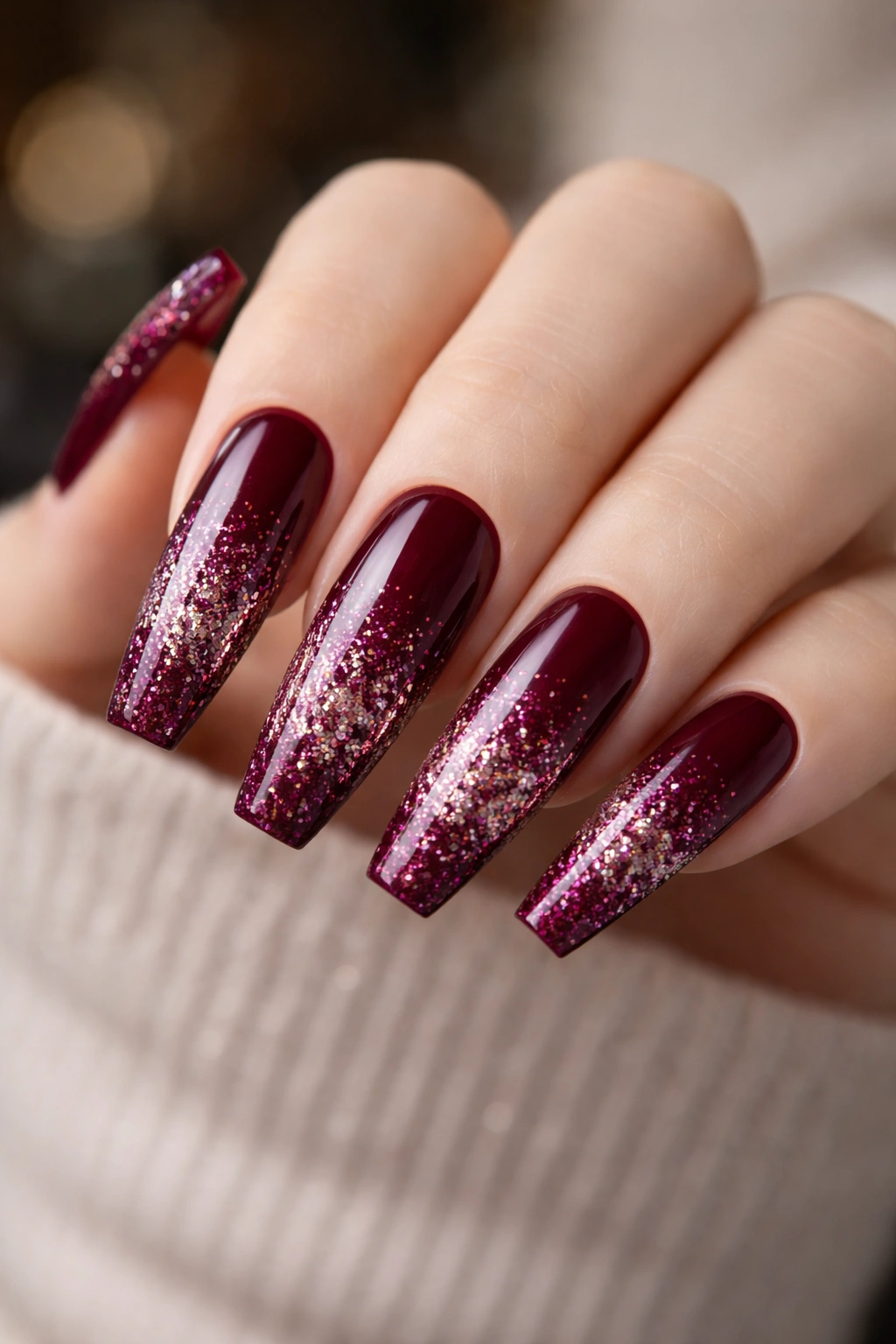 Close-up of burgundy coffin nails with glitter ombre