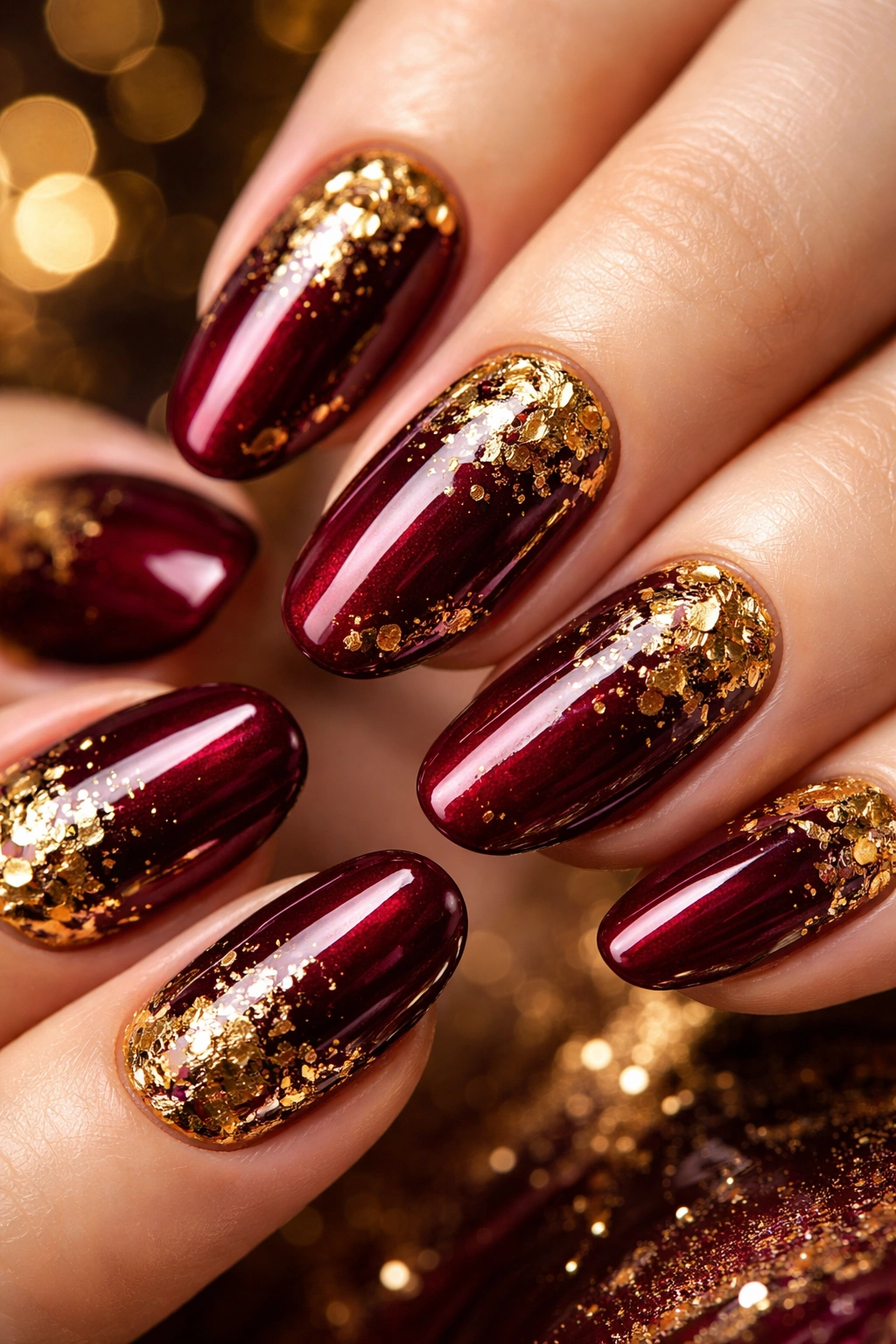 Burgundy nails with gold foil accents catching light
