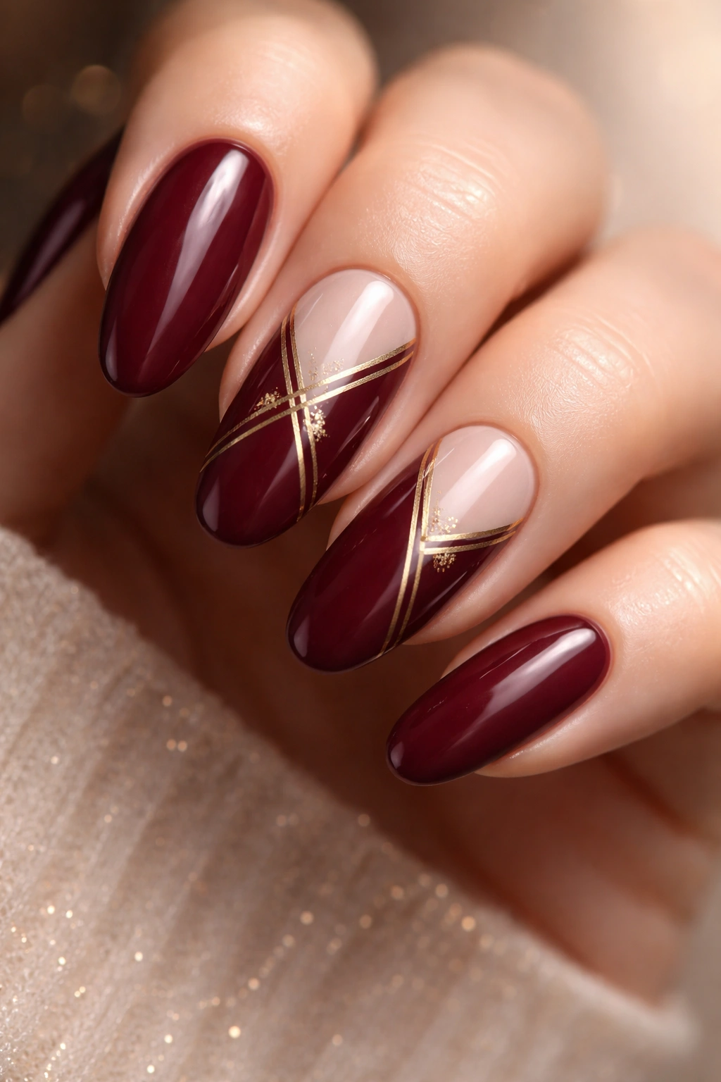Close-up of deep burgundy nails with gold geometric accents on a neutral background