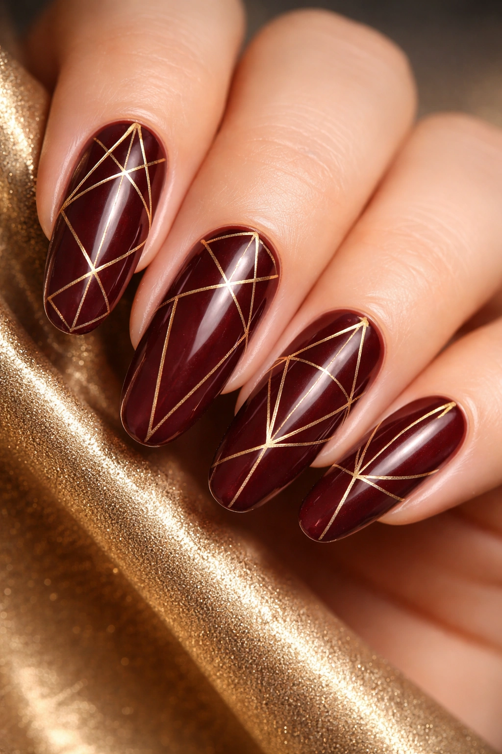 Close-up of burgundy nails with gold geometric patterns
