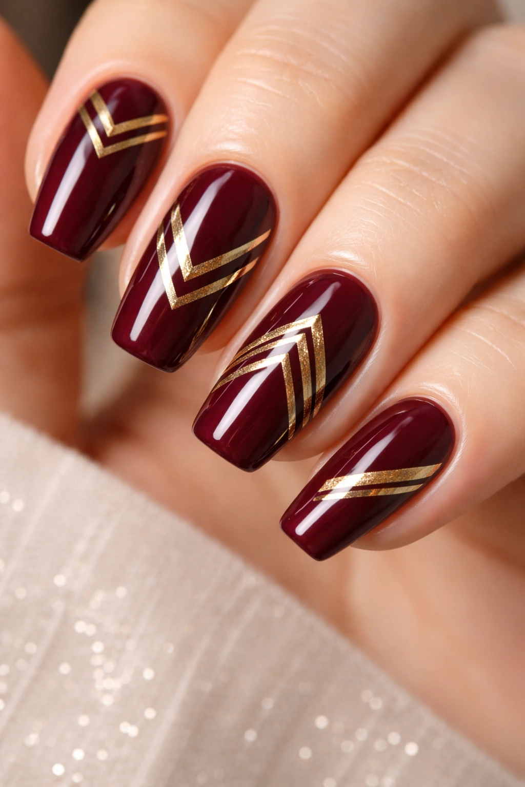 Close-up of burgundy nails with gold geometric lines on a neutral backdrop